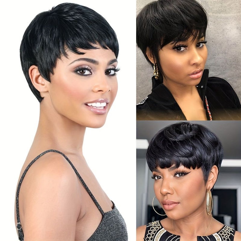 Ynthetic Highlight Mixed Black Straight Bob Pixie Cut Wig For Women Heat Fiber 6inch 100% Density DM29 - Image 2