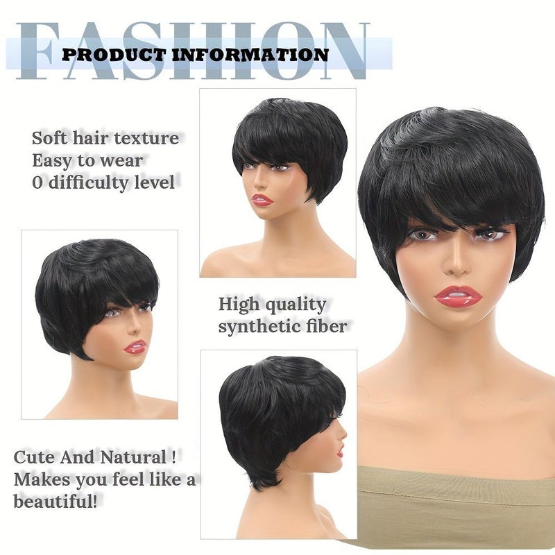 Ynthetic Highlight Mixed Black Straight Bob Pixie Cut Wig For Women Heat Fiber 6inch 100% Density DM29 - Image 3