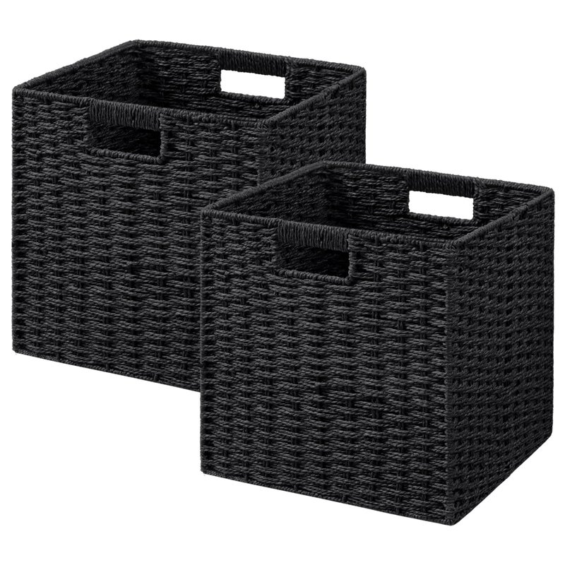 UBBCARE 2 Pack Wicker Basket, 11LÃ—11HÃ—10.5W inch Woven Paper Rope Storage Baskets for shelves, Foldable Cube Storage bin with Handle, Storage Basket for Organizing (Black, Cube-2pack 11") - Image 1