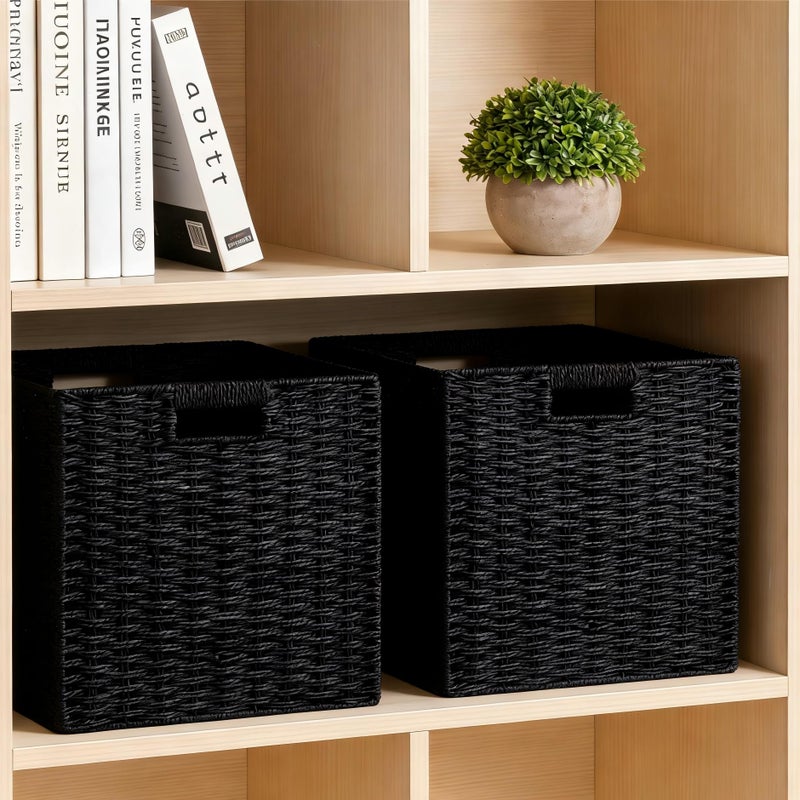 UBBCARE 2 Pack Wicker Basket, 11LÃ—11HÃ—10.5W inch Woven Paper Rope Storage Baskets for shelves, Foldable Cube Storage bin with Handle, Storage Basket for Organizing (Black, Cube-2pack 11") - Image 5