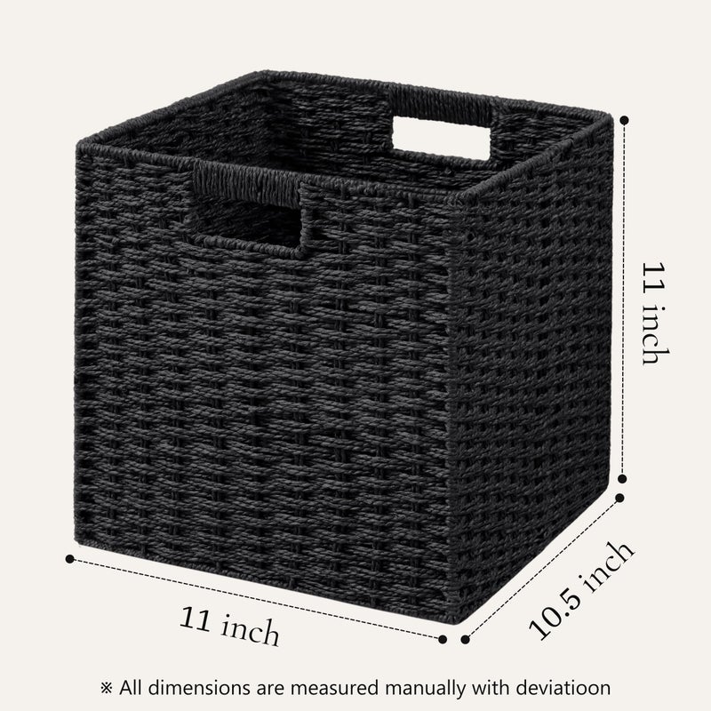 UBBCARE 2 Pack Wicker Basket, 11LÃ—11HÃ—10.5W inch Woven Paper Rope Storage Baskets for shelves, Foldable Cube Storage bin with Handle, Storage Basket for Organizing (Black, Cube-2pack 11") - Image 2
