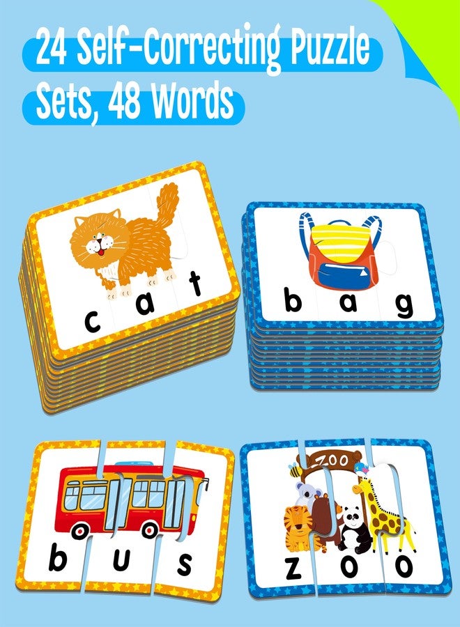 SpriteGru 24 Set 3-Letter Word Puzzle Cards, 72 PCS Self Correcting Word Spelling Puzzles, Double Sided Puzzle Cards for Kindergarten Preschool Learning - Image 2
