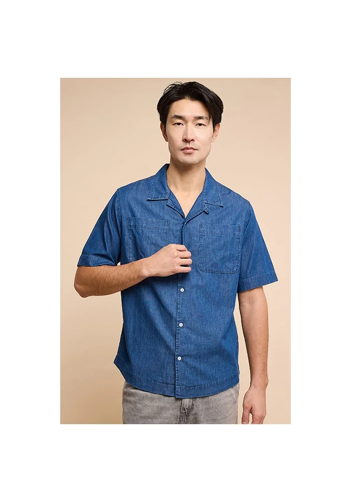 R&b Washed Denim Shirt with Revere Collar and Short Sleeves