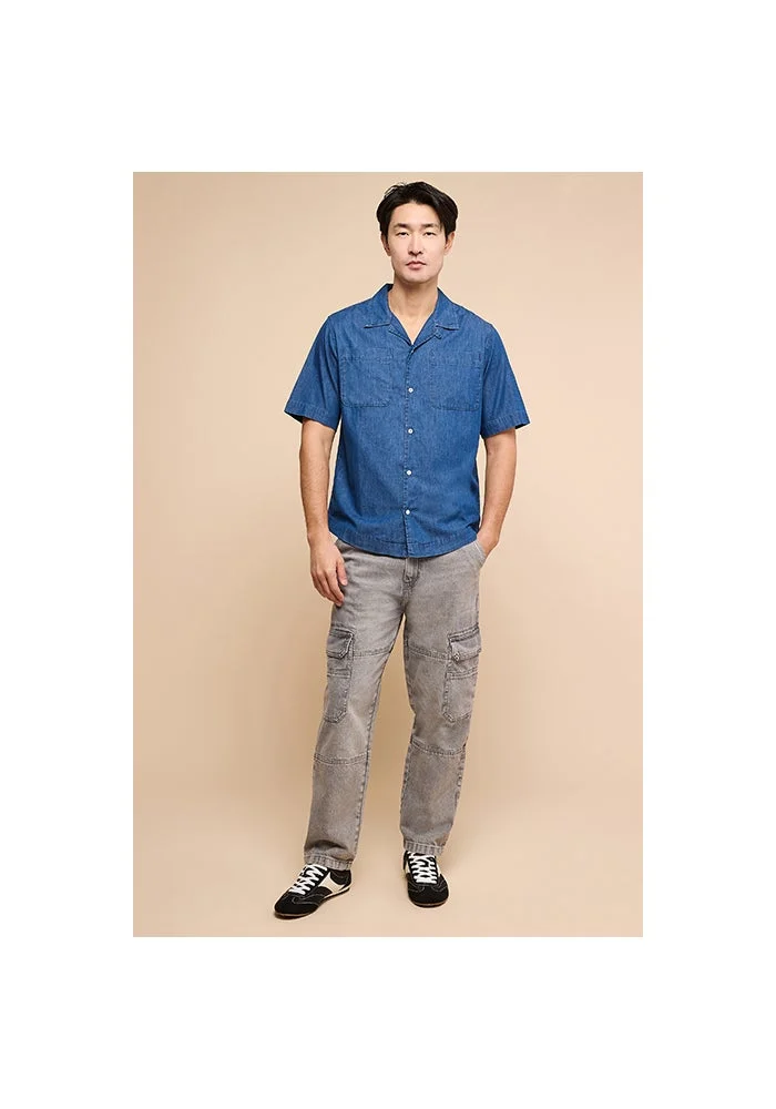 R&b Washed Denim Shirt with Revere Collar and Short Sleeves