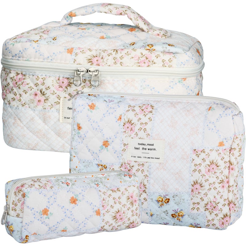 TESAFNG Quilted Makeup Bag Set 3 PCS Cute Floral Cotton Makeup Bag Large Coquette Aesthetic Make up Cosmetic Bag Flower Travel Toiletry Organizer Bags for Women Girls - Image 2