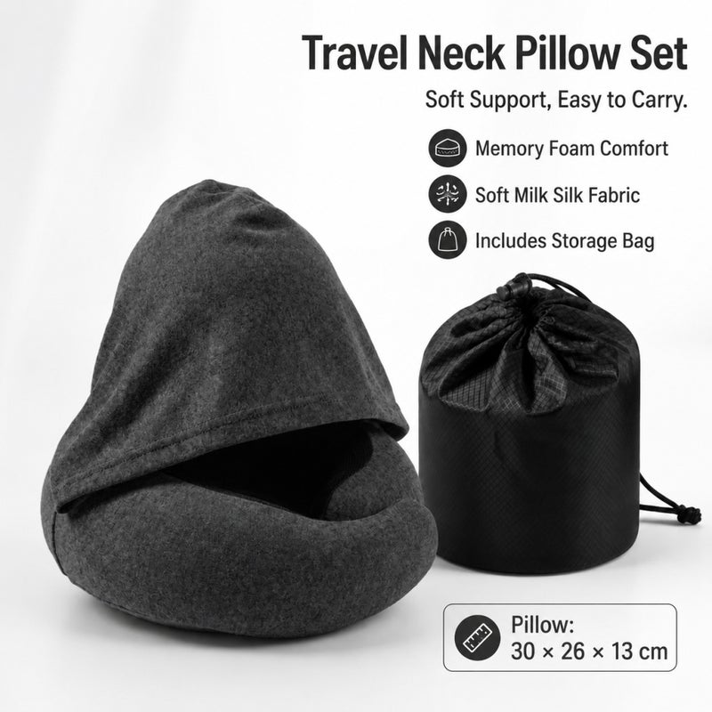 Memory Foam Hooded Neck Pillow Adjustable U Shape Travel Support - Image 1
