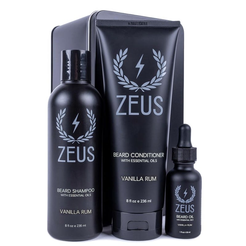 ZEUS Starter Beard Wash & Beard Oil Kit for Men, Soften, Hydrates, & Moisturizes Facial Hair (Vanilla Rum) MADE IN USA