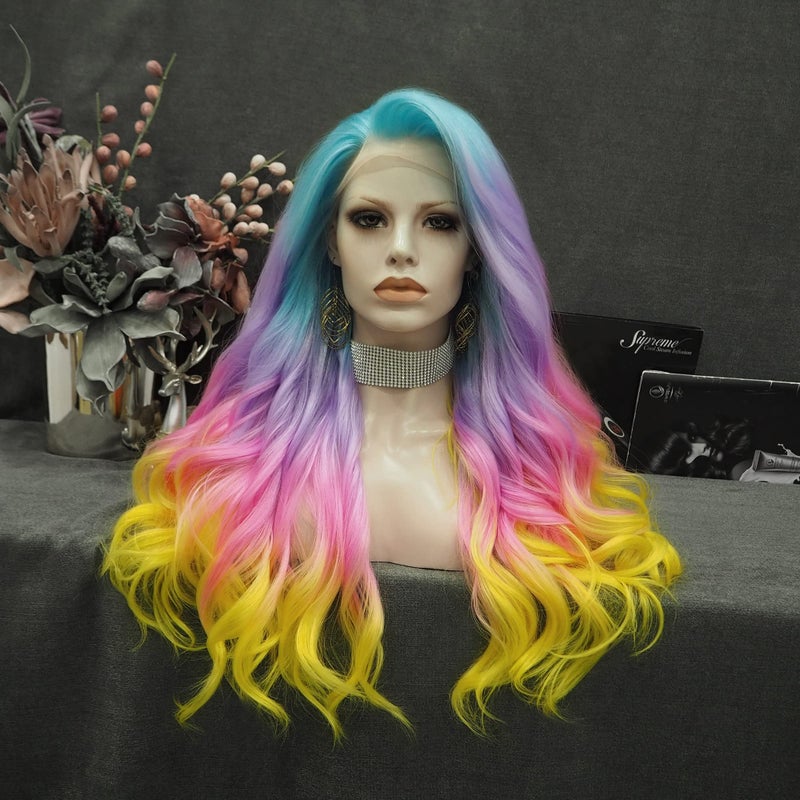 IMSTYLE MultiColor Lace Front Wigs Rainbow Natural Wave Synthetic Wig for Cosplay Party Wig 26 inches