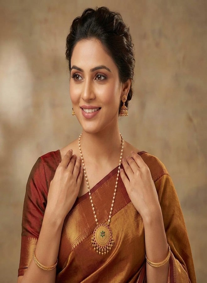 طقم عقد لؤلؤ تقليدي مطلي بالذهب من AAIKU بطول 30 بوصة | قلادة وأقراط متناسقة بلمسة نهائية عتيقة غير لامعة للنساء والفتيات، مجوهرات أنيقة (Pendant57) - Image 2