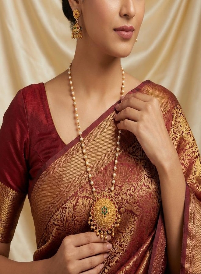 طقم عقد لؤلؤ تقليدي مطلي بالذهب من AAIKU بطول 30 بوصة | قلادة وأقراط متناسقة بلمسة نهائية عتيقة غير لامعة للنساء والفتيات، مجوهرات أنيقة (Pendant57) - Image 5