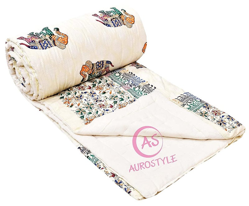 WORLDNEX 400 TC Pure Cotton Jaipuri Design Printed Lightweight Single Bed Quilt/Razai/Rajai, 85 x 55 Inches, Soft & Cozy Bedding for All Seasons (Multi-Color-S-216) - Image 3