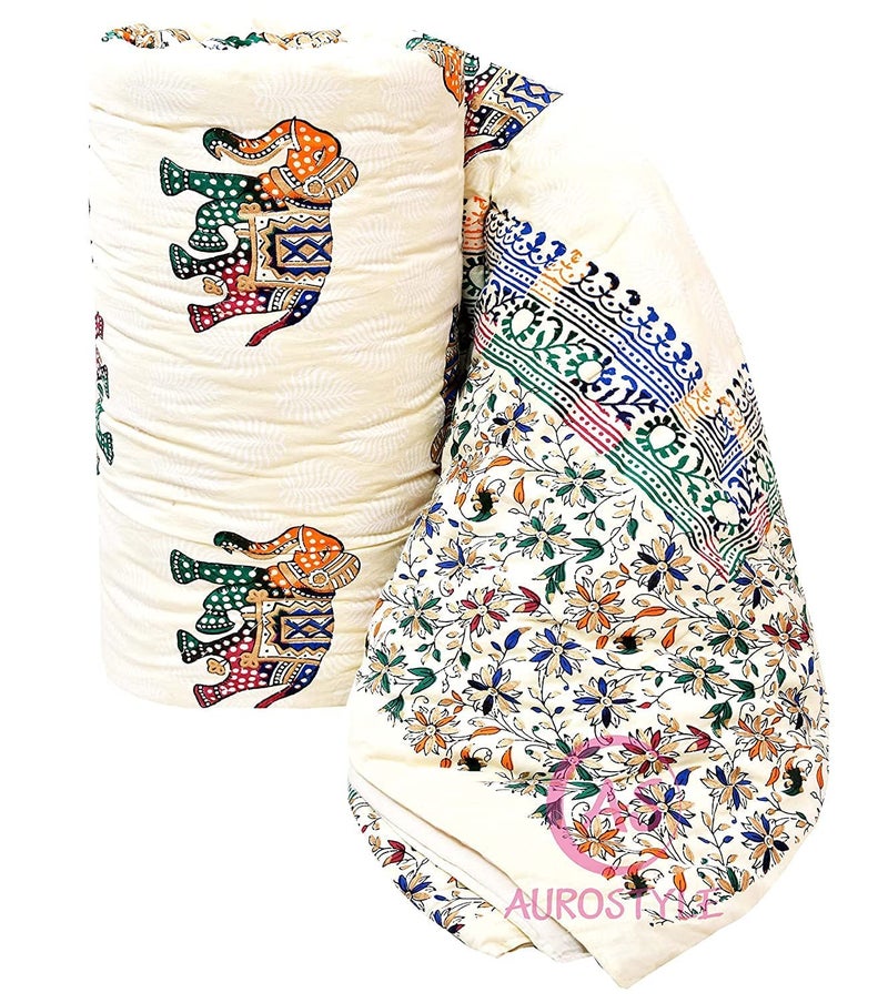 WORLDNEX 400 TC Pure Cotton Jaipuri Design Printed Lightweight Single Bed Quilt/Razai/Rajai, 85 x 55 Inches, Soft & Cozy Bedding for All Seasons (Multi-Color-S-216) - Image 1