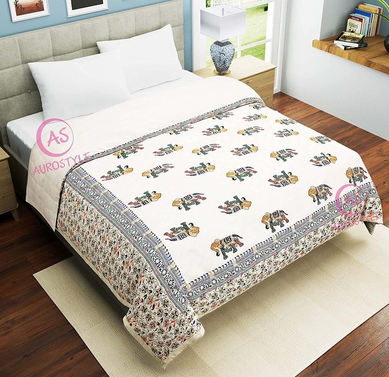 WORLDNEX 400 TC Pure Cotton Jaipuri Design Printed Lightweight Single Bed Quilt/Razai/Rajai, 85 x 55 Inches, Soft & Cozy Bedding for All Seasons (Multi-Color-S-216) - Image 4