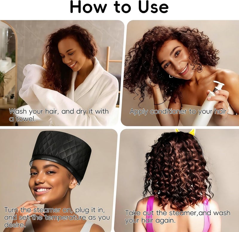 Heat Cap for Deep Conditioning, 10-Level Heats Up Quickly 3 Time Settings Hair Steamer for Natural Hair Home Use Thermal Steam Cap for Black Hair Portable Heating Caps - Image 4