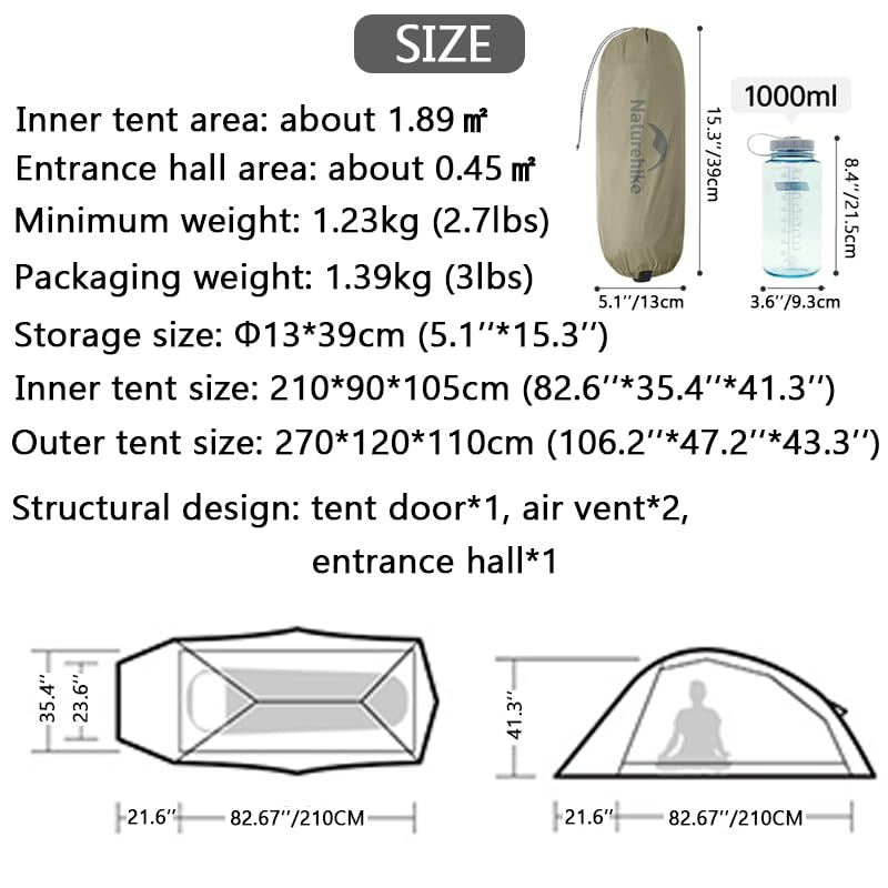 windhike Naturehike 2024 Cloud up Pro Tent, Upgrade Ultralight Tents,1.23kg/2.7lbs,Double 1 Person Tent,for Cycle Camping,Backpacking,Hiking,Self-Standing, Construction,Easy Set up (Grey) - Image 2