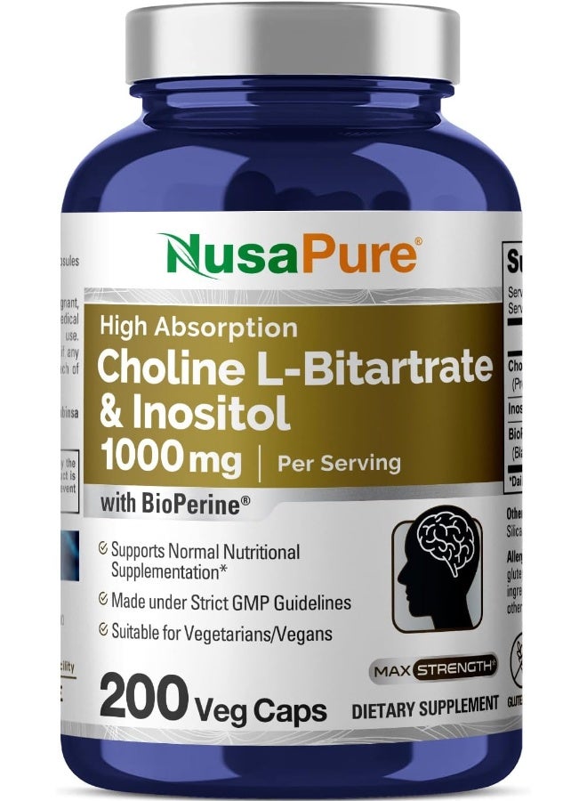 NusaPure Best Choline & Inositol 1000mg 200caps (Non-GMO & Gluten Free) Brain Health Supplement - Image 1
