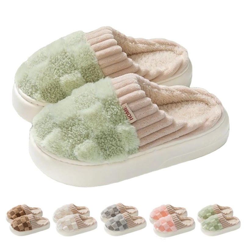 VTTDB Checkered Slipper House Slippers for Women Men Plush Warm Fuzzy Slippers Flyffy Bedroom Shoes Indoor Slip On 859 Women78 MenGreenNumeric RangeMedium859 - Image 2