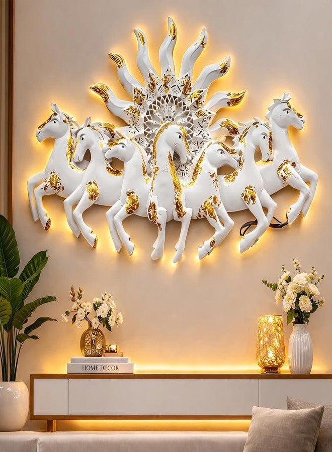 ZXC White Running 7 Horses Wall Decor with LED Light & Sunburst Design | Vastu Wall Art for Success & Prosperity | Metal Luxury Wall Hanging for Living Room, Home & Office (36 x 23.5 Inch) - Image 1
