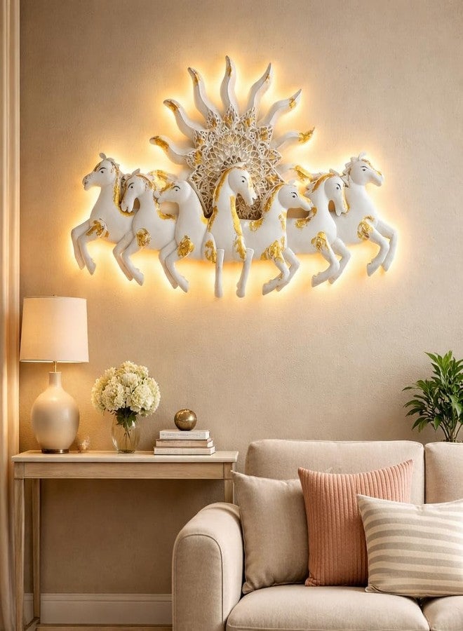 ZXC White Running 7 Horses Wall Decor with LED Light & Sunburst Design | Vastu Wall Art for Success & Prosperity | Metal Luxury Wall Hanging for Living Room, Home & Office (36 x 23.5 Inch) - Image 2