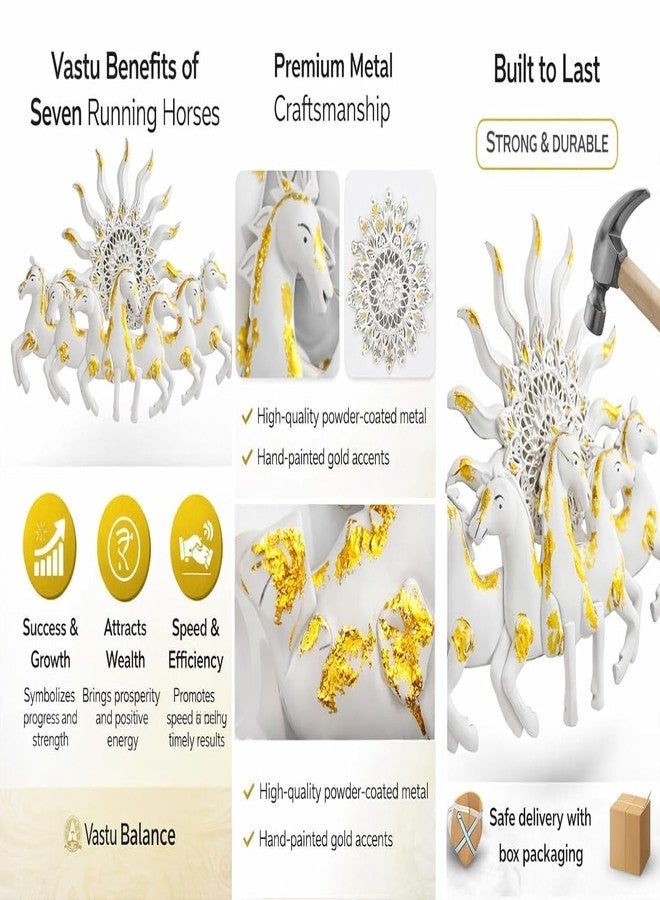 ZXC White Running 7 Horses Wall Decor with LED Light & Sunburst Design | Vastu Wall Art for Success & Prosperity | Metal Luxury Wall Hanging for Living Room, Home & Office (36 x 23.5 Inch) - Image 3