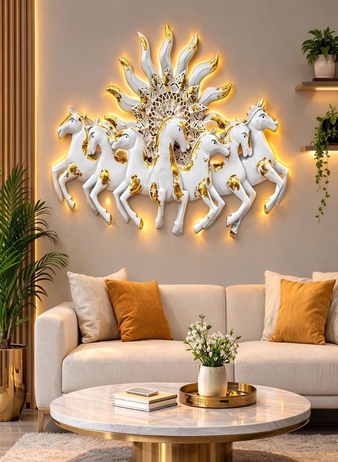 ZXC White Running 7 Horses Wall Decor with LED Light & Sunburst Design | Vastu Wall Art for Success & Prosperity | Metal Luxury Wall Hanging for Living Room, Home & Office (36 x 23.5 Inch) - Image 5