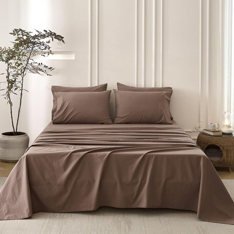 BDEAR 4PS Light Chocolate Brown King Size Bedding Set, Oeko-TEX Standard 100% Washed Cotton Linen Like Bedding Sheet Sets Cover Deep Pocket Fitted Sheet Plus Cozy Flat Sheet and 2 Pillowcases - Image 2