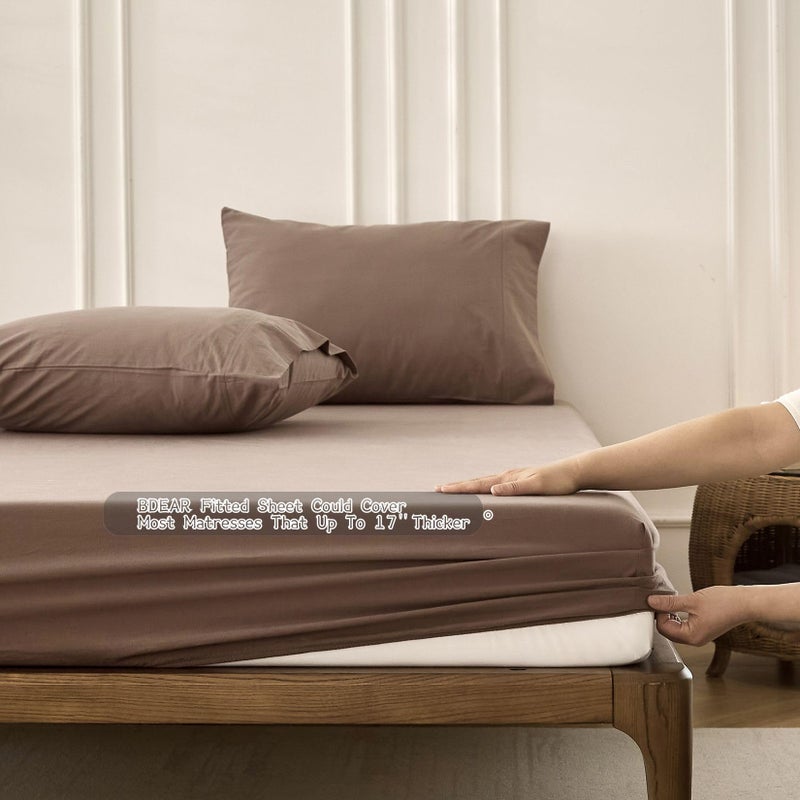 BDEAR 4PS Light Chocolate Brown King Size Bedding Set, Oeko-TEX Standard 100% Washed Cotton Linen Like Bedding Sheet Sets Cover Deep Pocket Fitted Sheet Plus Cozy Flat Sheet and 2 Pillowcases - Image 3