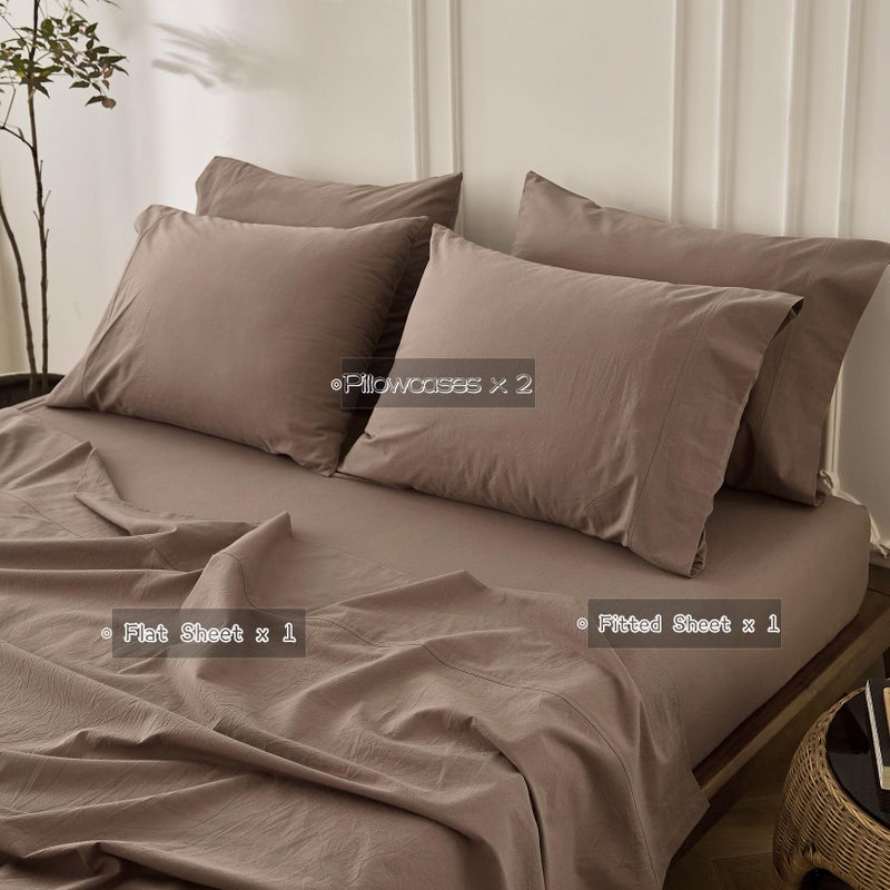 BDEAR 4PS Light Chocolate Brown King Size Bedding Set, Oeko-TEX Standard 100% Washed Cotton Linen Like Bedding Sheet Sets Cover Deep Pocket Fitted Sheet Plus Cozy Flat Sheet and 2 Pillowcases - Image 4