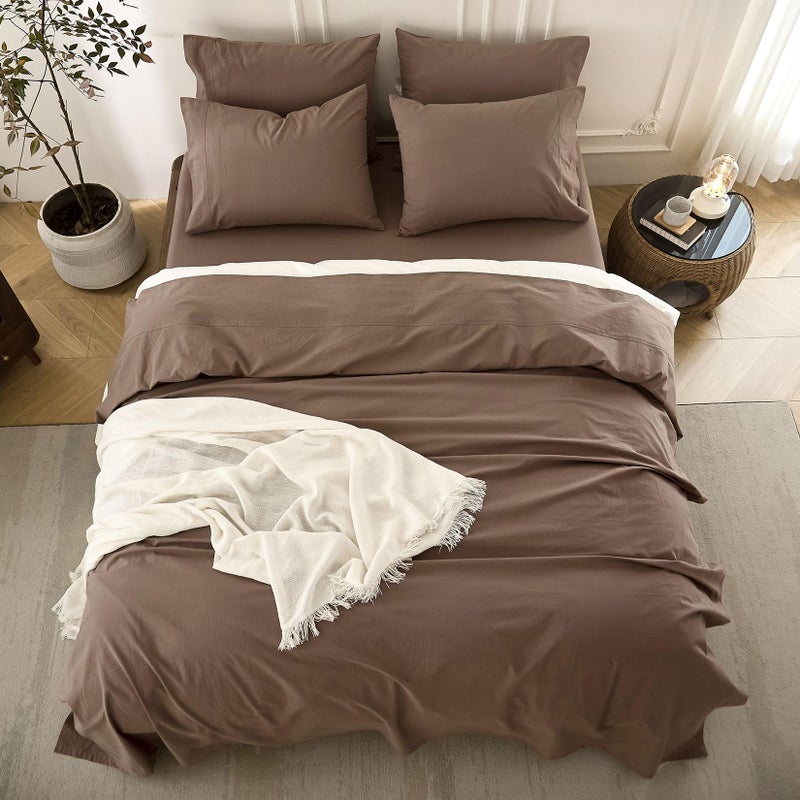 BDEAR 4PS Light Chocolate Brown King Size Bedding Set, Oeko-TEX Standard 100% Washed Cotton Linen Like Bedding Sheet Sets Cover Deep Pocket Fitted Sheet Plus Cozy Flat Sheet and 2 Pillowcases - Image 5