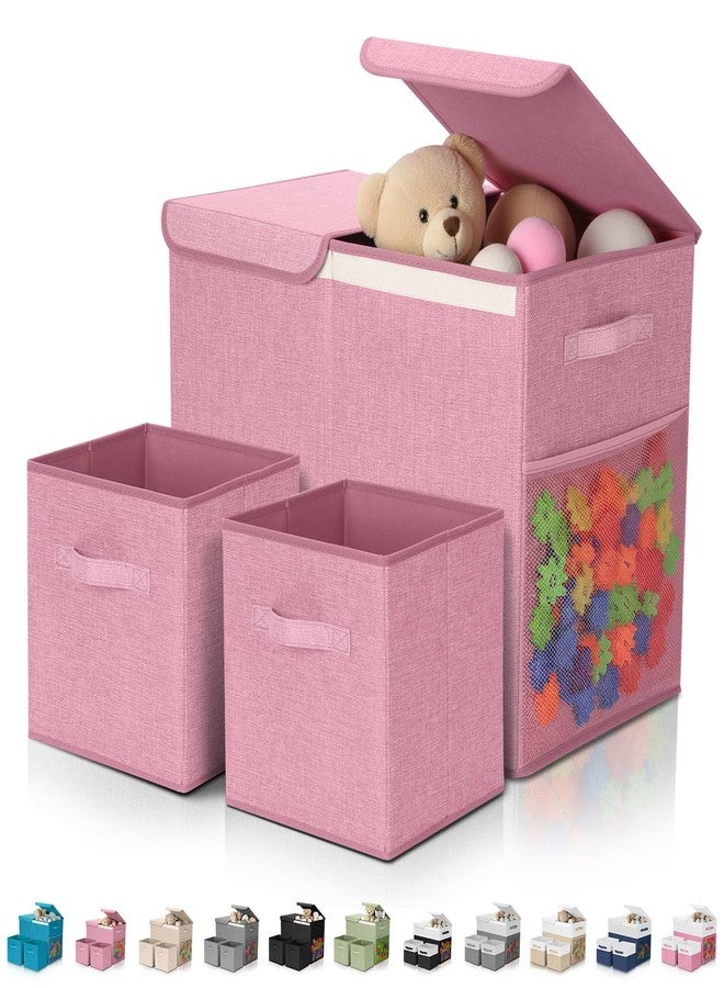 Fiwochic 3 Pack Large Storage Bins Set 23" Toy Chest Storage with Lids and 11" Cubes Organizer Bins for Kids Bedroom Closet Shelf Organizer for Clothes Blankets Nursery Playroom(Pink) - Image 1