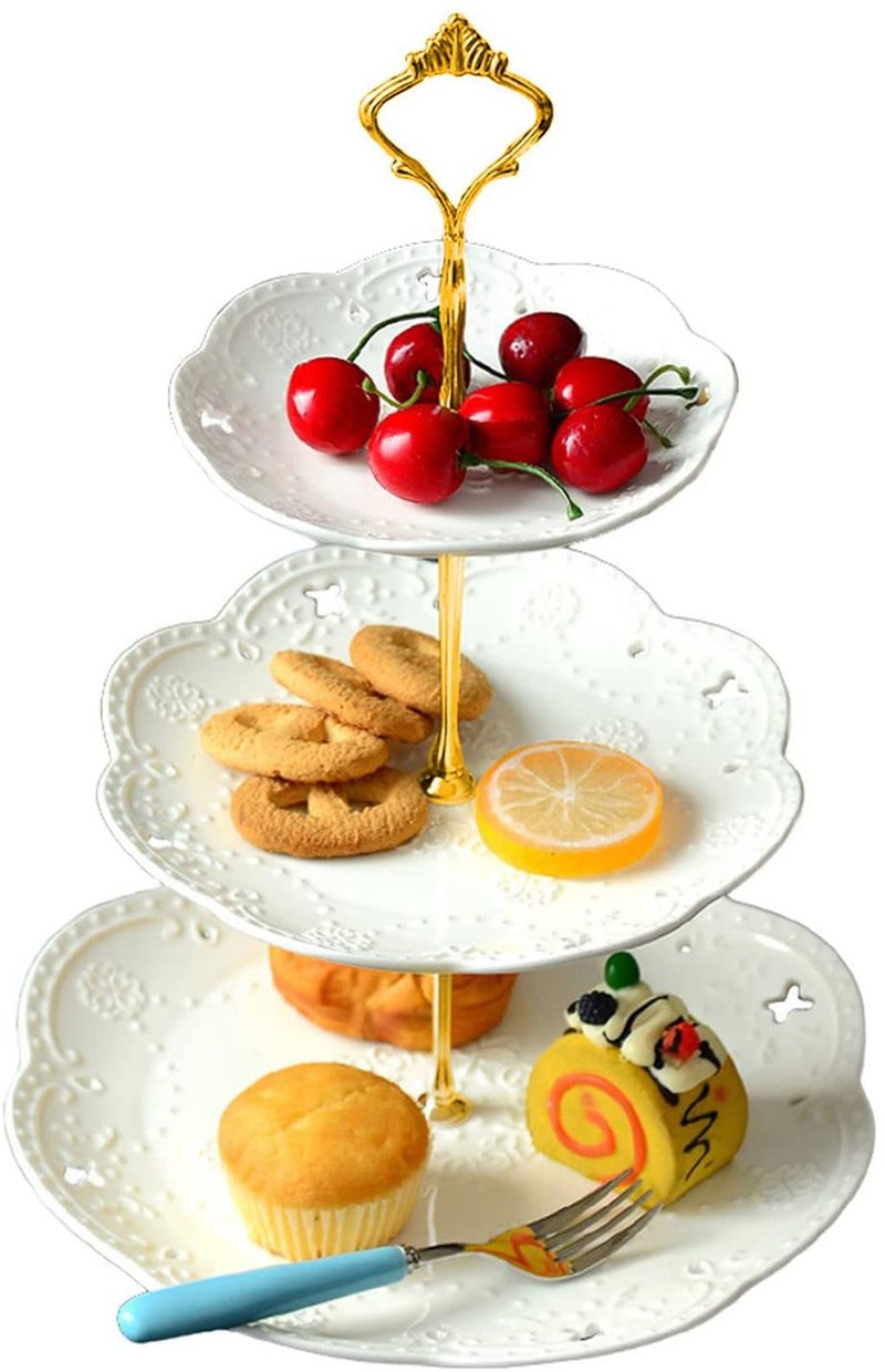 YBK Tech 3Tier Porcelain Serving Stand Cake Stand with Embossed Lace Pattern  White Gold rod