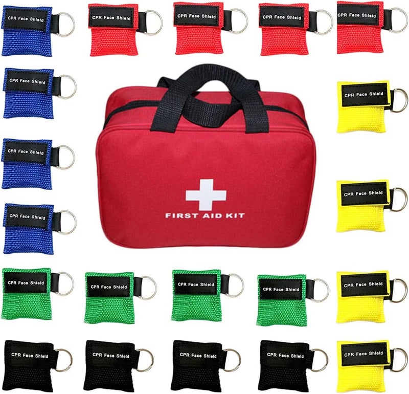 Aoutacc 1 قطعة مجموعة الإسعافات الأولية فارغة و 20 قطعة قناع وجه CPR مع سلسلة مفاتيح قناع يمكن التخلص منه مجموعة طوارئ قناع CPR قناع جيب وحقيبة إسعافات أولية فارغة - Image 1