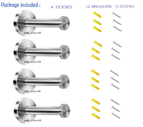 NELXULAS Brushed Stainless Steel Bath Towel Hooks Single Super Heavy Duty Wall Mount Hook, Coat Hook, Fit for Bedroom,Living Room, Bathroom and Fitting Room, Office (4", 4 PCS) - Image 2