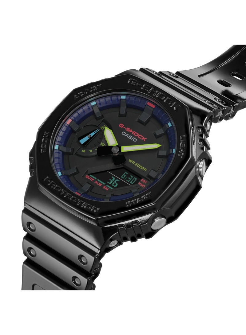 Casio G-Shock GA-2100RGB-1ADR “CasiOak” Analog-Digital Men’s Watch, Carbon Core Guard, Shock Resistant, 200M Water Resistant, Black Resin Band, RGB Dial Accents - Image 4
