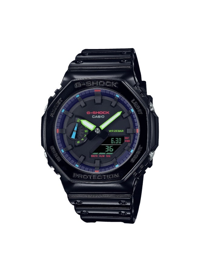 Casio G-Shock GA-2100RGB-1ADR “CasiOak” Analog-Digital Men’s Watch, Carbon Core Guard, Shock Resistant, 200M Water Resistant, Black Resin Band, RGB Dial Accents - Image 1