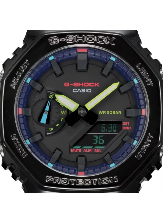 Casio G-Shock GA-2100RGB-1ADR “CasiOak” Analog-Digital Men’s Watch, Carbon Core Guard, Shock Resistant, 200M Water Resistant, Black Resin Band, RGB Dial Accents - Image 3