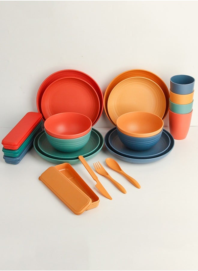 wowofa 32 piece cutlery set，Wheat Straw Dinnerware Sets with Plates, Cups, Knives, Forks and Spoons Reusable Plates Dishwasher polychrome  - Image 3