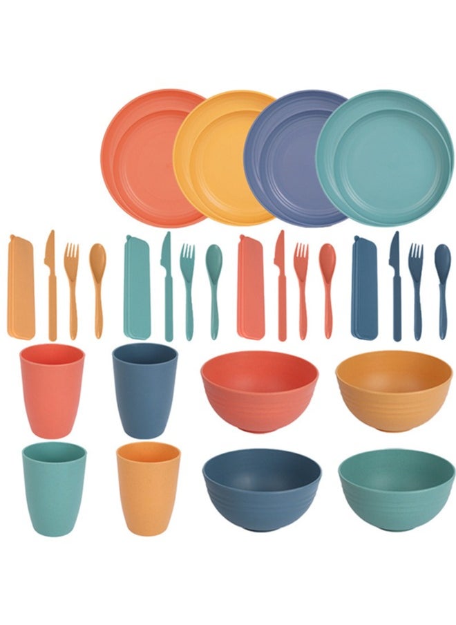 wowofa 32 piece cutlery set，Wheat Straw Dinnerware Sets with Plates, Cups, Knives, Forks and Spoons Reusable Plates Dishwasher polychrome  - Image 1