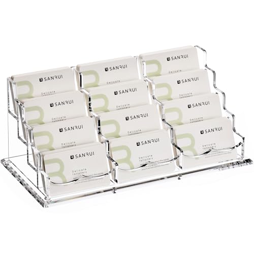 SANRUI Business Card Holder for Desk Clear Acrylic Business Card Holders, Business Card Display Stand 4 Tier 12 Slots - Image 1