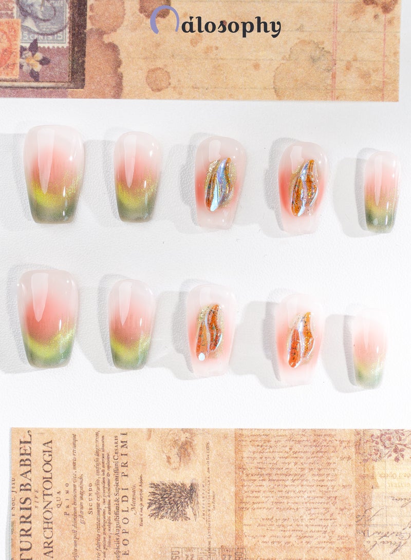Nailosophy 10 Pcs Handmade Gel Press On Nails Short Square Pink Green Ombre Iridescent Shell Reusable False Nails Nail Kit for Women Party Wedding Eid Special Occasions - Image 4