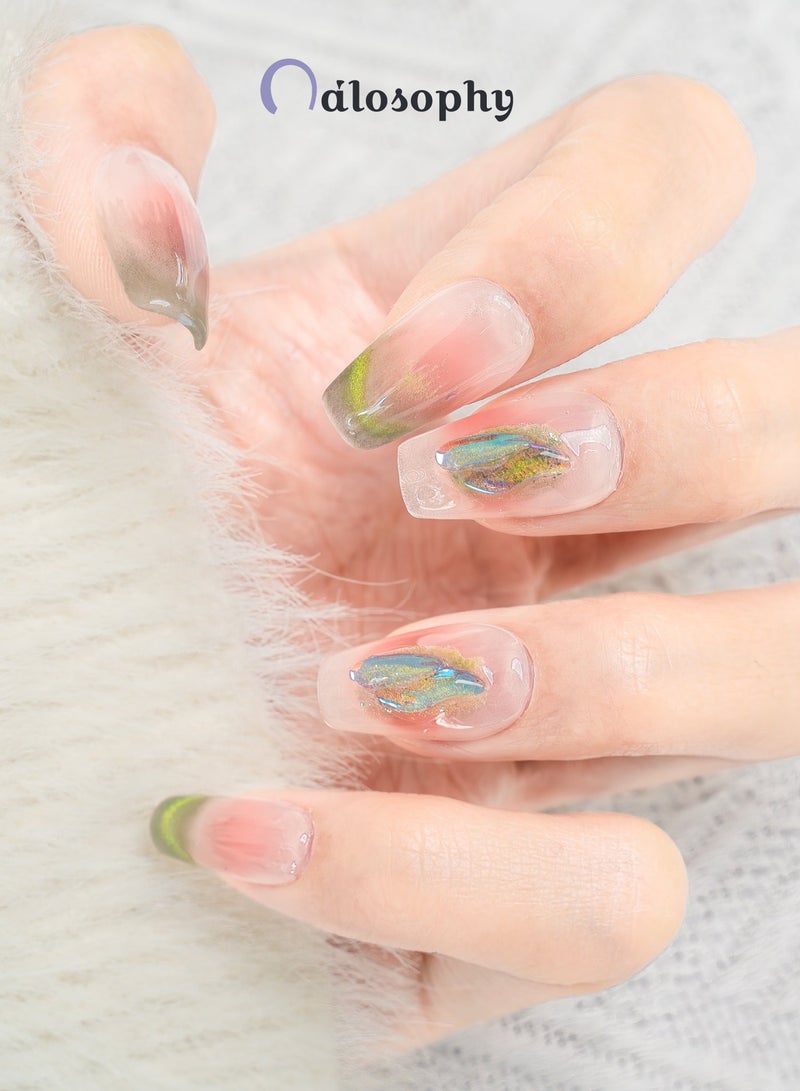 Nailosophy 10 Pcs Handmade Gel Press On Nails Short Square Pink Green Ombre Iridescent Shell Reusable False Nails Nail Kit for Women Party Wedding Eid Special Occasions - Image 1