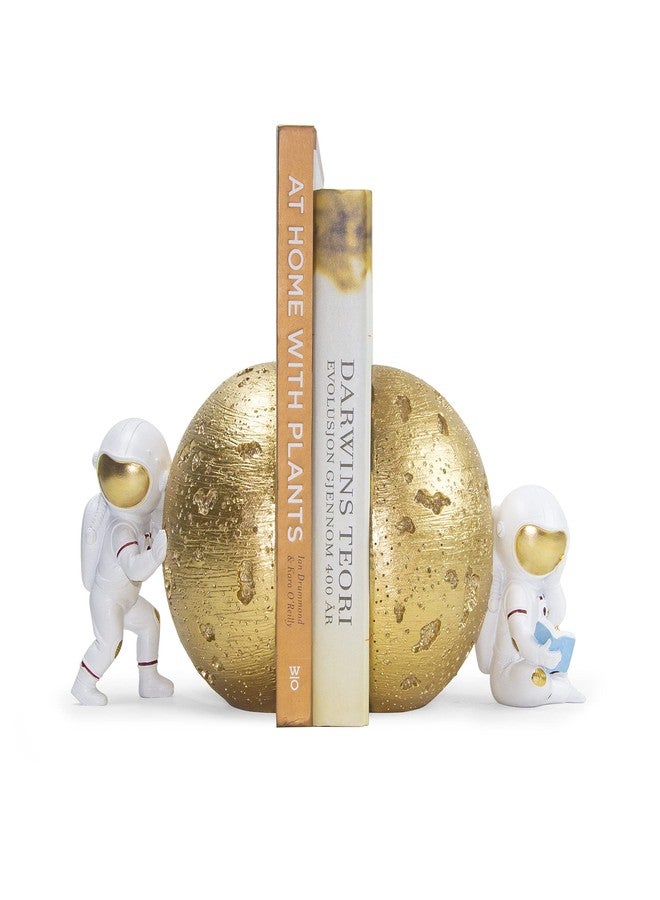 Banllis Heavy Duty Astronaut Bookends, Space-Themed Book Ends for Kids Room & Nursery Decor, Gold Moon Book Stoppers to Hold Books, Decorative Bookends for Shelves, Ideal for Boys and Girls - Image 1