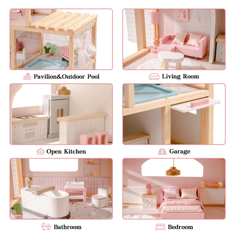 ROBOTIME Wooden Dollhouse, Doll House with 29 Pieces Furniture Set - Pool and Elevator, Wooden Doll House for 4, 5, 6-Inch Dolls, 6 Rooms Pink Dollhouse Gift for Kids Girls Ages 3+ (Pink) - Image 2