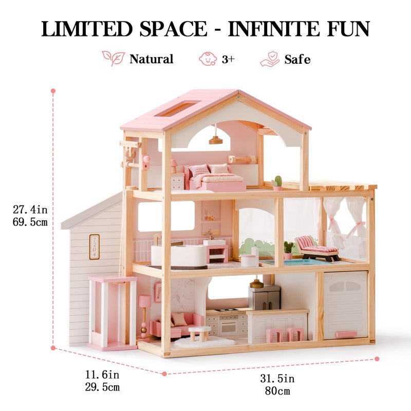 ROBOTIME Wooden Dollhouse, Doll House with 29 Pieces Furniture Set - Pool and Elevator, Wooden Doll House for 4, 5, 6-Inch Dolls, 6 Rooms Pink Dollhouse Gift for Kids Girls Ages 3+ (Pink) - Image 5
