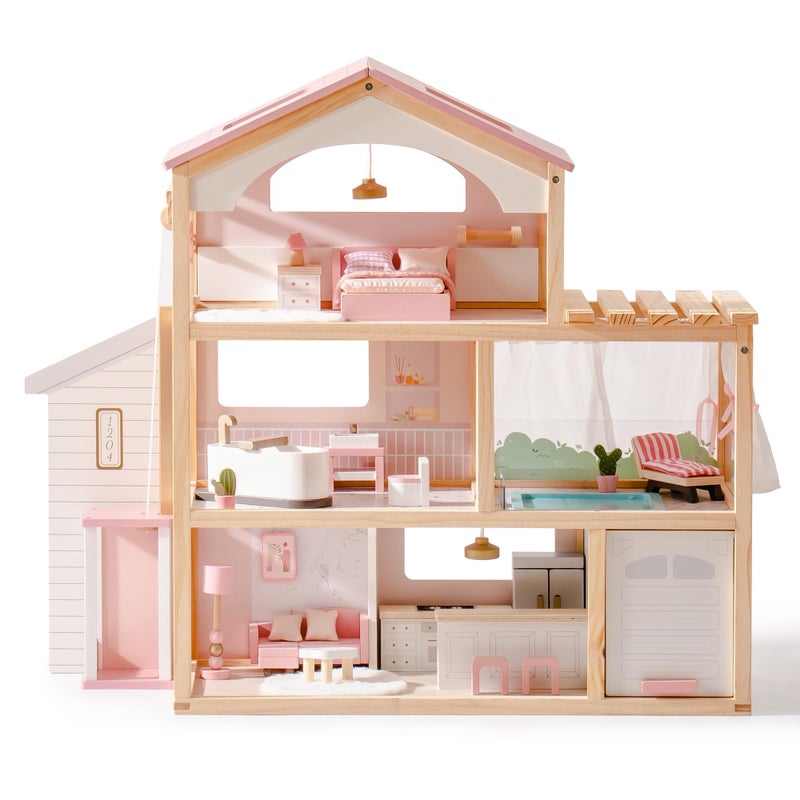 ROBOTIME Wooden Dollhouse, Doll House with 29 Pieces Furniture Set - Pool and Elevator, Wooden Doll House for 4, 5, 6-Inch Dolls, 6 Rooms Pink Dollhouse Gift for Kids Girls Ages 3+ (Pink) - Image 1