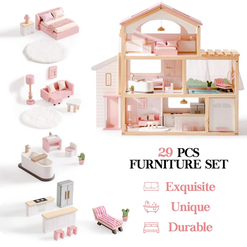ROBOTIME Wooden Dollhouse, Doll House with 29 Pieces Furniture Set - Pool and Elevator, Wooden Doll House for 4, 5, 6-Inch Dolls, 6 Rooms Pink Dollhouse Gift for Kids Girls Ages 3+ (Pink) - Image 4
