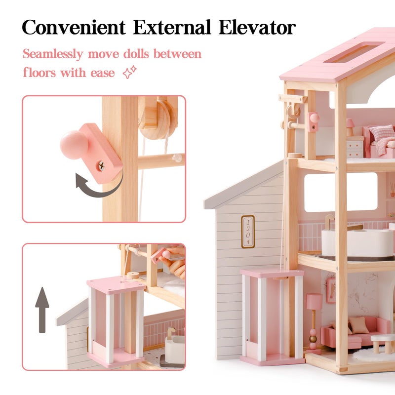 ROBOTIME Wooden Dollhouse, Doll House with 29 Pieces Furniture Set - Pool and Elevator, Wooden Doll House for 4, 5, 6-Inch Dolls, 6 Rooms Pink Dollhouse Gift for Kids Girls Ages 3+ (Pink) - Image 3