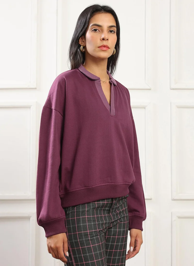 globus Globus Women Mauve Contrast Color Shirt Collar Drop Shoulder Sleeves Ribbed Hem Pullover Sweatshirt (Fleece 260-280 GSM)