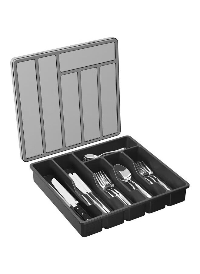 عربست منظم أواني فضية بغطاء، صينية أواني مغطاة لدرج المطبخ وسطح العمل، علبة تخزين أدوات المائدة وأدوات المائدة البلاستيكية للملاعق والشوك والسكاكين، 6 حجرات (أسود) - Image 1