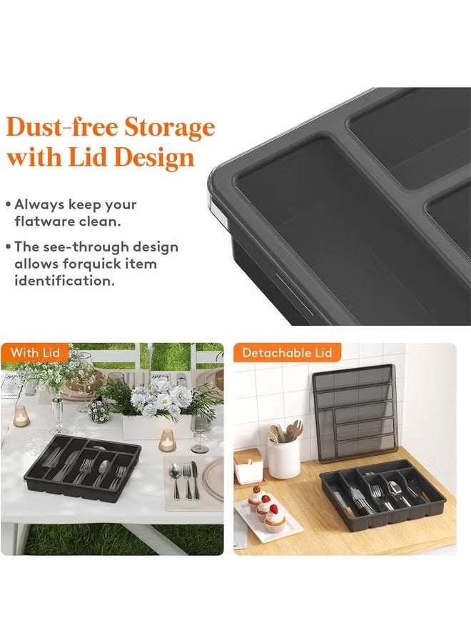 عربست منظم أواني فضية بغطاء، صينية أواني مغطاة لدرج المطبخ وسطح العمل، علبة تخزين أدوات المائدة وأدوات المائدة البلاستيكية للملاعق والشوك والسكاكين، 6 حجرات (أسود) - Image 2